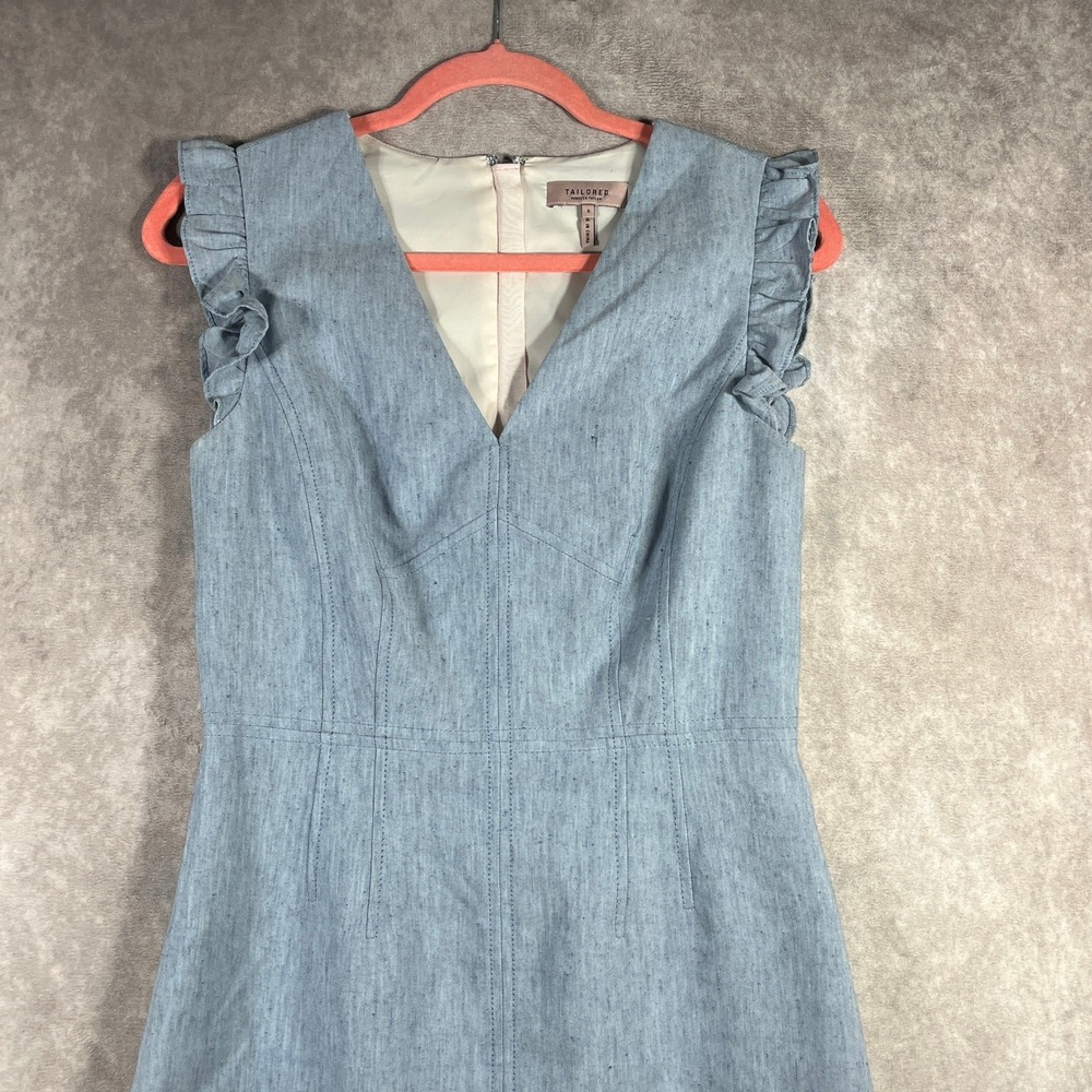 Rebecca Taylor Tailored Dress Womens 6‎ Blue Linen Blend Ruffle Sleeve Career - Picture 2 of 10